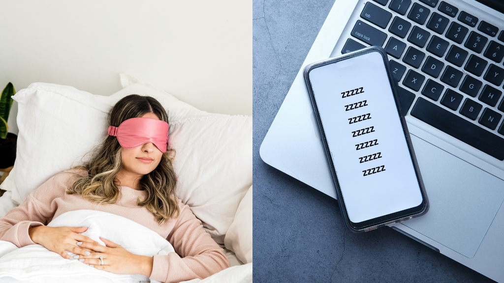One photo of Woman asleep with mask and another of computer keyboard