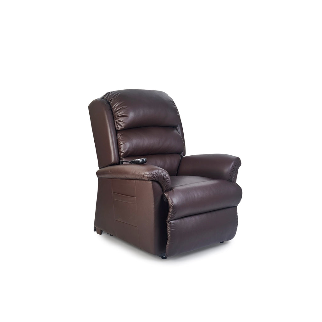 Saros lift chair recliner, seated, coffee bean color - Fosters Mattress