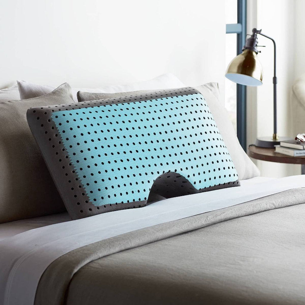 Shoulder Carbon Cool LT+Omniphase Pillow, close up on bed - Fosters Mattress