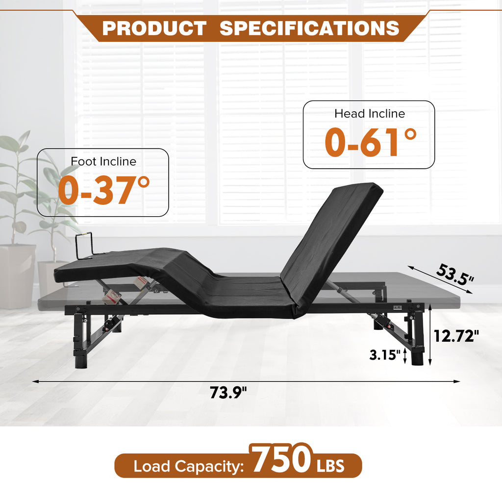 Full Size Adjustable Bed Base Frame with Head and Foot Incline and Zero Gravity, measurements