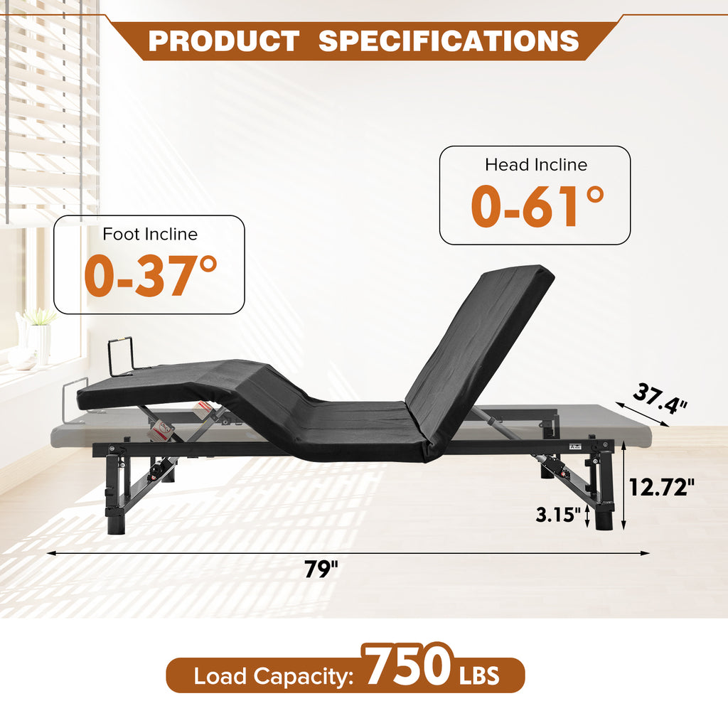 Adjustable Bed Base Frame with Head and Foot Incline and Zero Gravity, Twin XL, dimensions