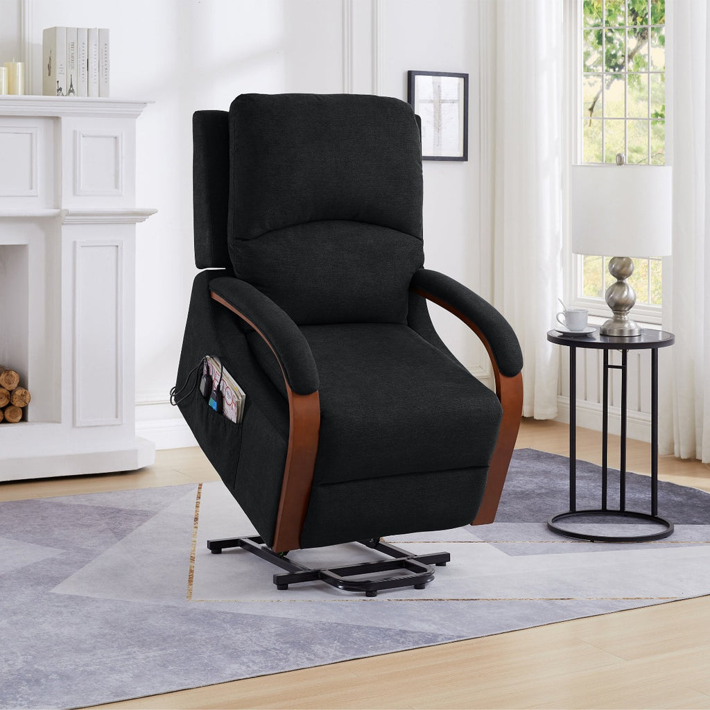 Power Lift Recliner Massage Chair, Soft Charcoal Fabric, raised angle view