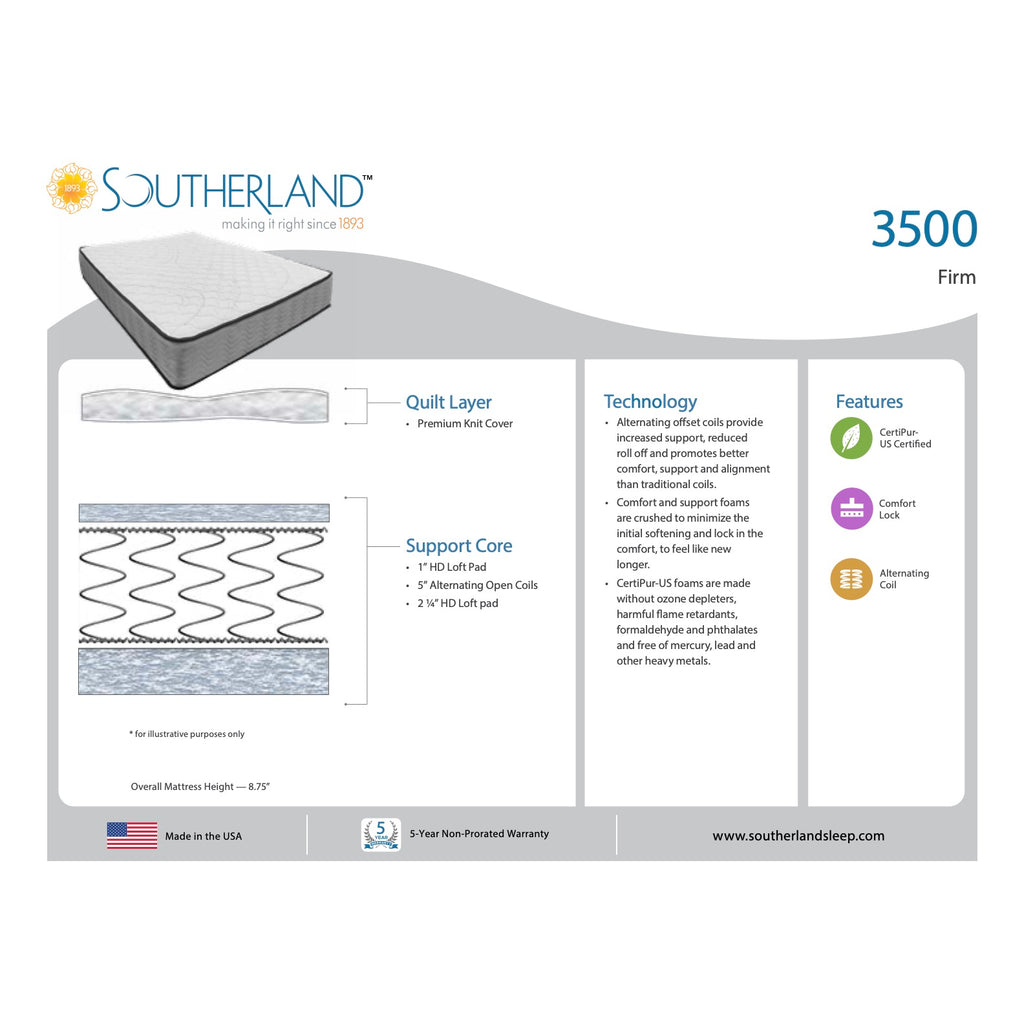 B3500 Mattress Specs - Fosters Mattress