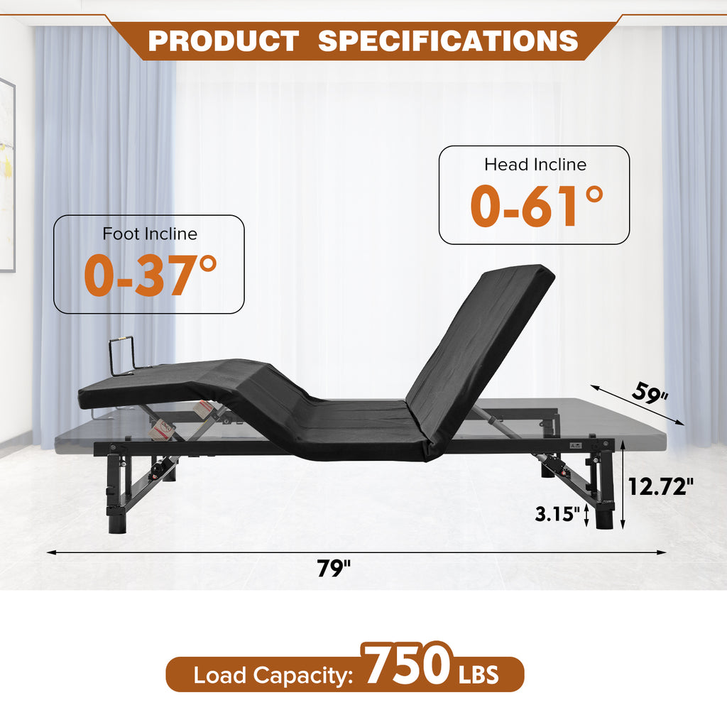 Adjustable Bed Frame with Head and Foot Incline Wireless Remote Zero Gravity, Queen Size, dimensions