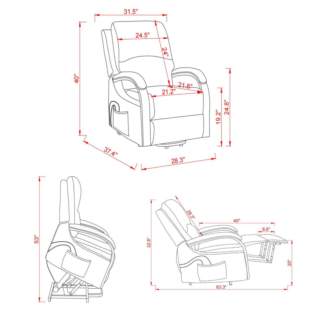 Power Lift Recliner Massage Chair, Soft Charcoal Fabric, specs