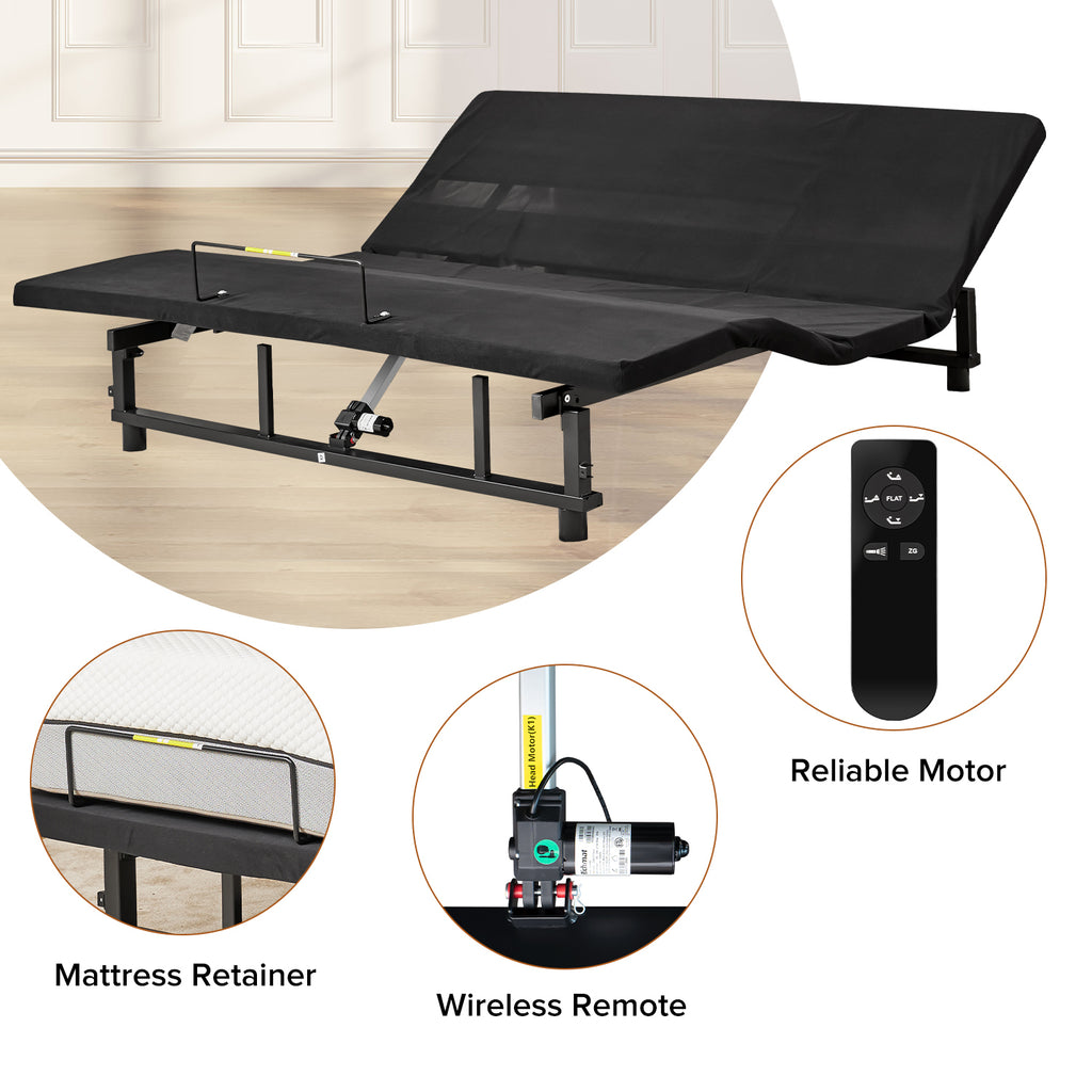 Adjustable Bed Frame with Head and Foot Incline Wireless Remote Zero Gravity, Queen Size, features
