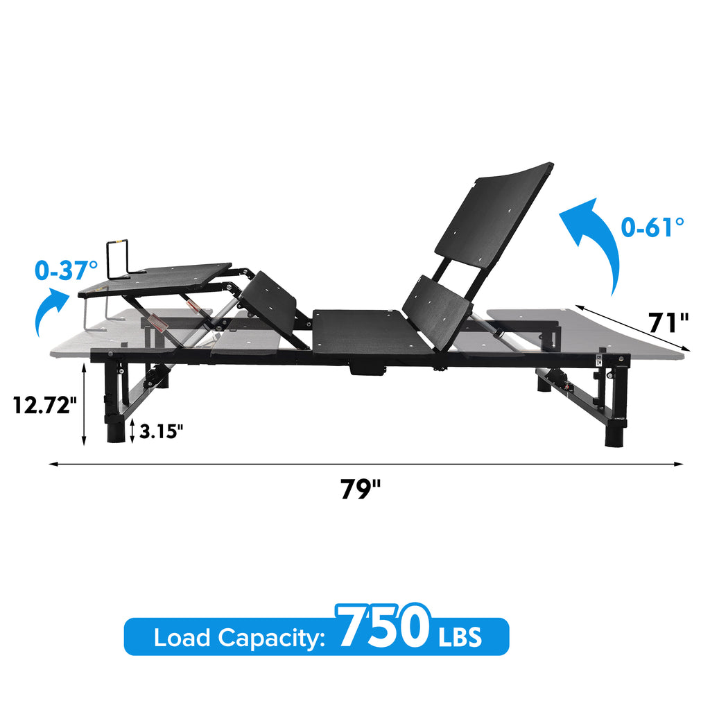 Adjustable Bed Base Frame with head and foot incline, king size, dimensions